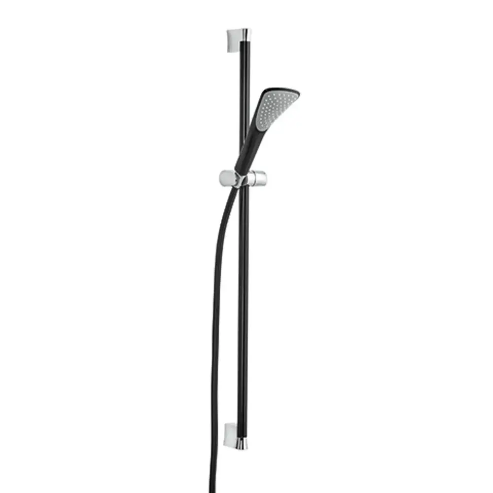Brause-Set von Kludi mit Wandhalterung in mattschwarz und chrom. Enthält eine Handbrause, die an einer vertikalen Stange montiert ist.